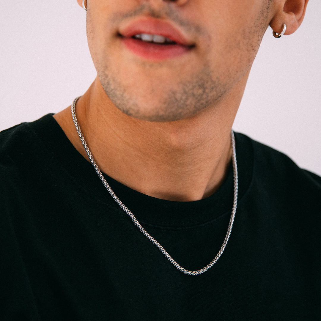 Model wearing mens 3mm silver wheat chain necklace